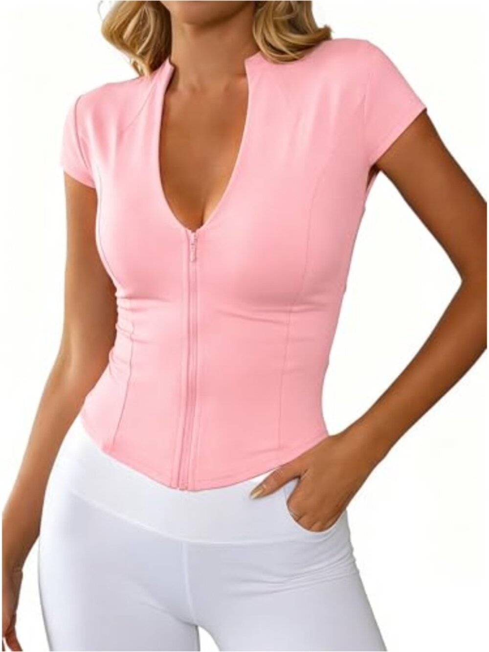 Zip Up Crop Top V Neck Cap Sleeve Slim Fit Athletic Yoga Shirt